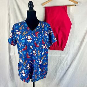 UA Scrubs Christmas Santa Set Women's Large Top Pants Pockets Nursing Medical